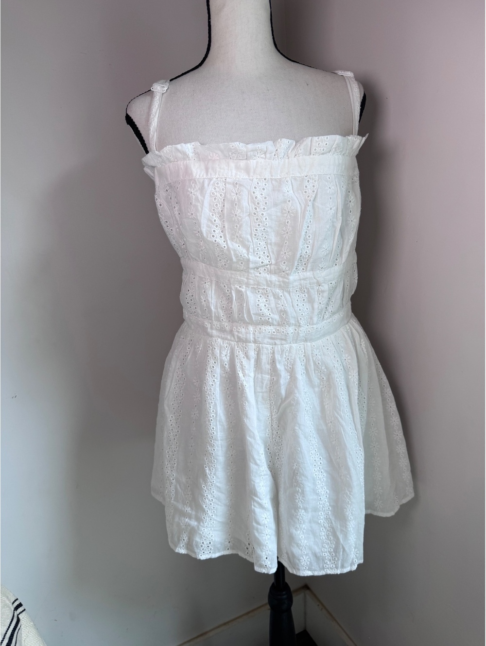 Lulus White Eyelet Lace Women's Romper with Adjustable Straps and Tie Back